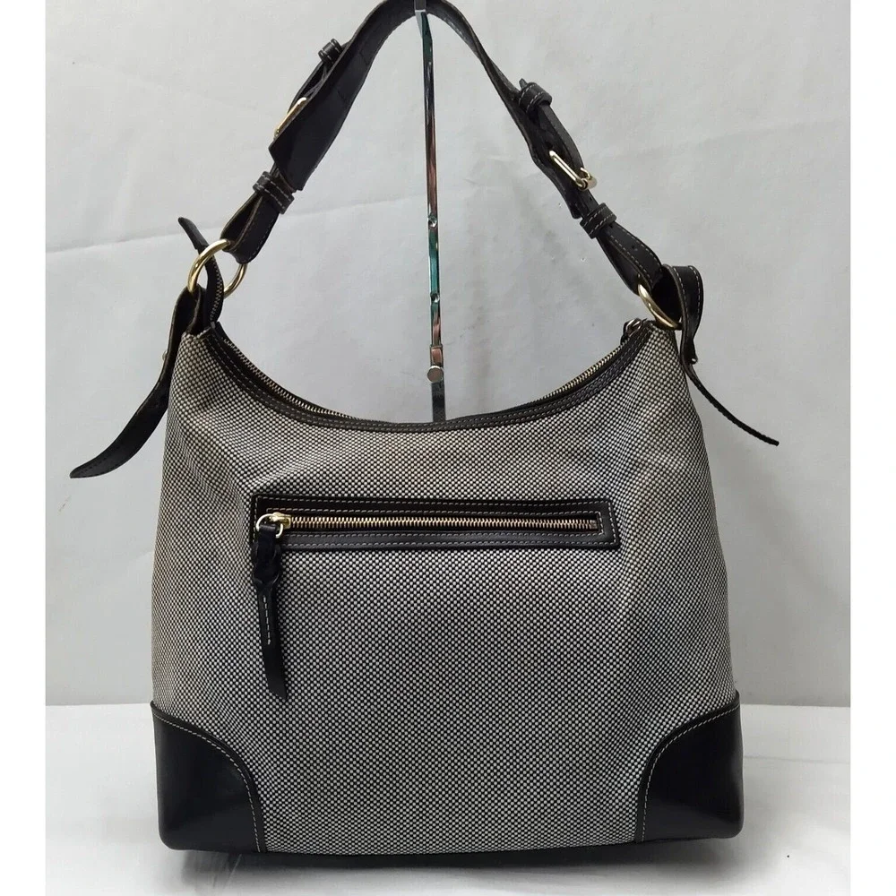 Dooney & Bourke Gray Canvas Leather Trim Front Pockets Zipper Hobo Shoulder Bag - Picture 2 of 16